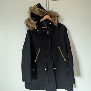 J. Crew Black Coat with Fur-Trimmed Hood